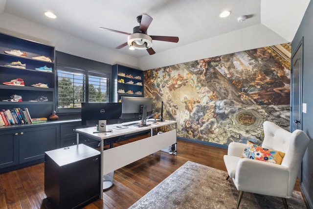 15961 Custer Trl, Frisco, TX 75035 - office with a ceiling fan, dark wood-style floors, and recessed lighting