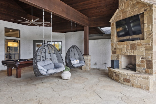 15961 Custer Trl, Frisco, TX 75035 - view of patio / terrace featuring an outdoor stone fireplace and ceiling fan