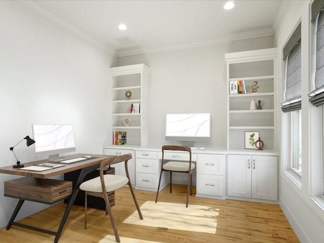 613 E Wall St, Grapevine, TX 76051 - office area with crown molding, light wood-style flooring, and recessed lighting