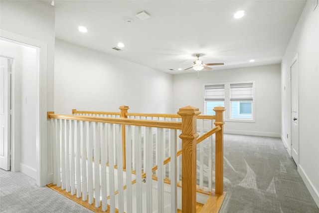 613 E Wall St, Grapevine, TX 76051 - hall featuring carpet flooring, an upstairs landing, recessed lighting, and baseboards