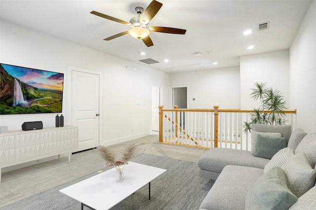 613 E Wall St, Grapevine, TX 76051 - living room featuring attic access, ceiling fan, light carpet, recessed lighting, and baseboards