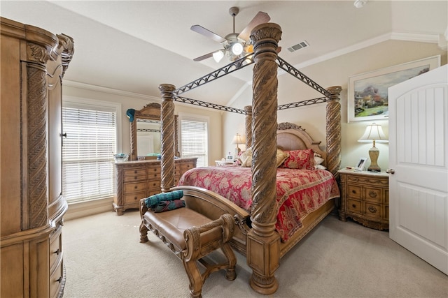 bedroom with vaulted ceiling, ornamental molding, ceiling fan, visible vents, and light carpet