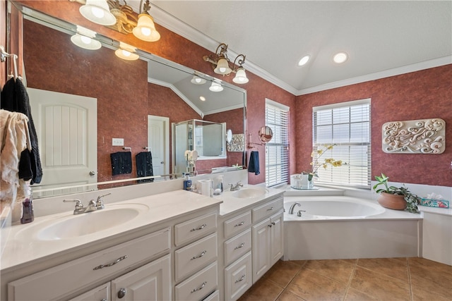 bathroom featuring double vanity, a sink, lofted ceiling, and a shower stall