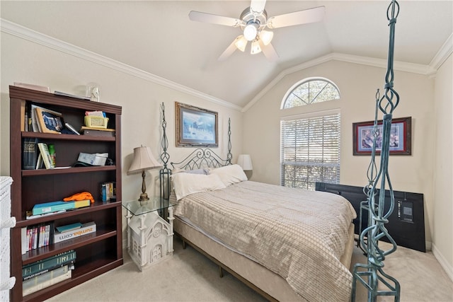 carpeted bedroom featuring a ceiling fan, ornamental molding, baseboards, and lofted ceiling