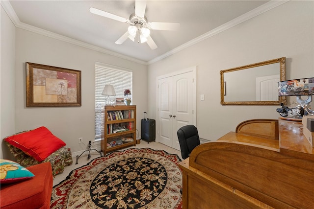 office area featuring carpet floors, ornamental molding, and ceiling fan