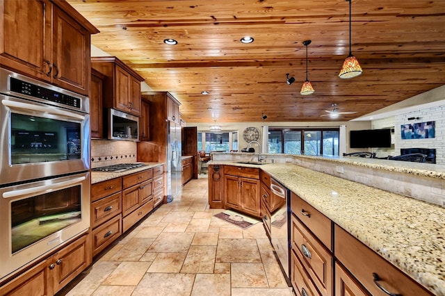 1210 Gordonville Rd, Gordonville, TX 76245 - kitchen featuring stainless steel appliances, a sink, open floor plan, backsplash, and wood ceiling
