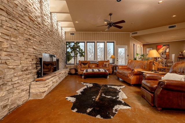 409 Quail Ridge Rd, Aledo, TX 76008 - living room featuring ceiling fan, visible vents, and finished concrete flooring