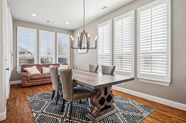 908 Champions Ct, Roanoke, TX 76262 - dining area featuring a chandelier, baseboards, wood finished floors, and recessed lighting