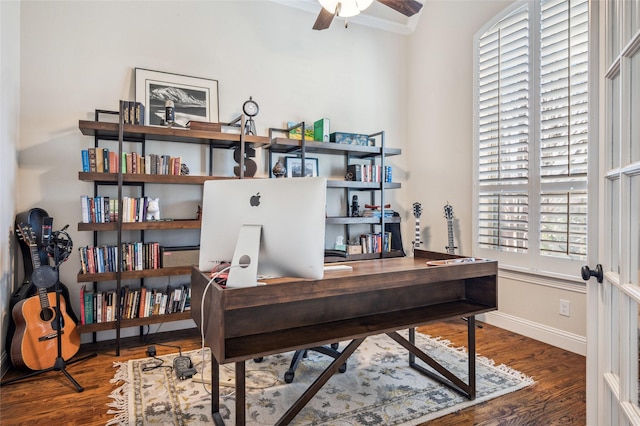 908 Champions Ct, Roanoke, TX 76262 - office space featuring a ceiling fan, wood finished floors, baseboards, and crown molding