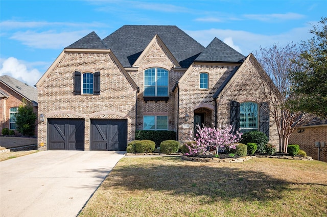 908 Champions Ct, Roanoke, TX 76262 - french country style house with brick siding, driveway, an attached garage, and a front lawn