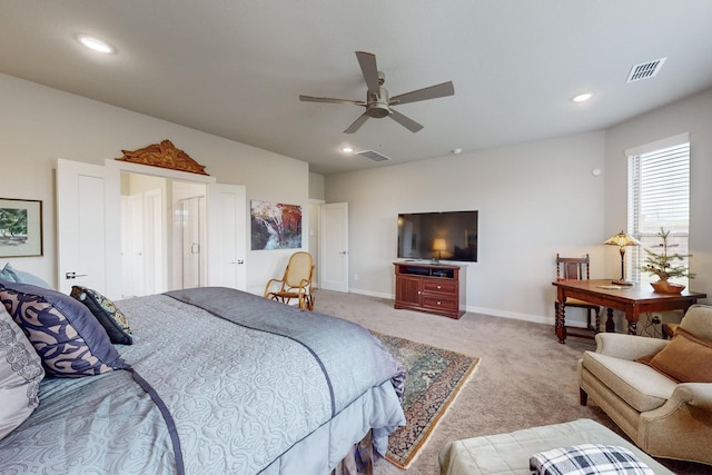 bedroom with visible vents, baseboards, recessed lighting, and carpet flooring