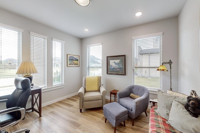 office space with a wealth of natural light, light wood-type flooring, and baseboards