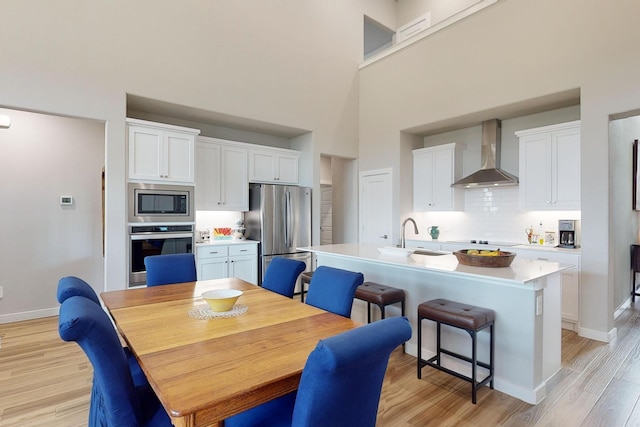 kitchen featuring wall chimney range hood, white cabinetry, appliances with stainless steel finishes, a kitchen island with sink, and a sink