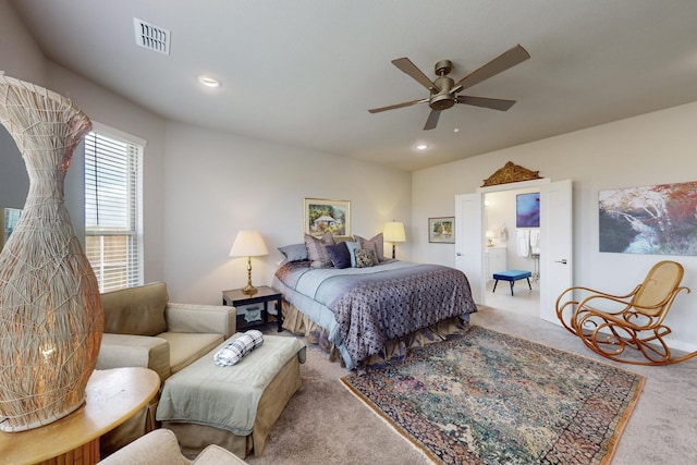 carpeted bedroom with recessed lighting, visible vents, and ceiling fan