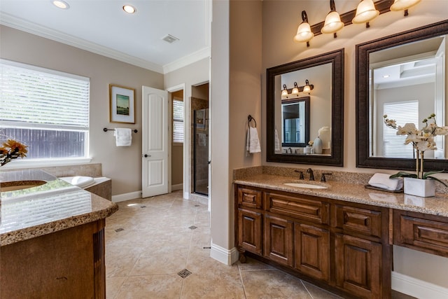 1217 Avondale Dr, Murphy, TX 75094 - full bathroom with ornamental molding, vanity, a stall shower, baseboards, and recessed lighting