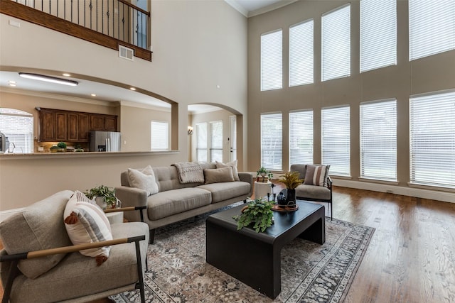1217 Avondale Dr, Murphy, TX 75094 - living area with arched walkways, wood finished floors, a high ceiling, and ornamental molding
