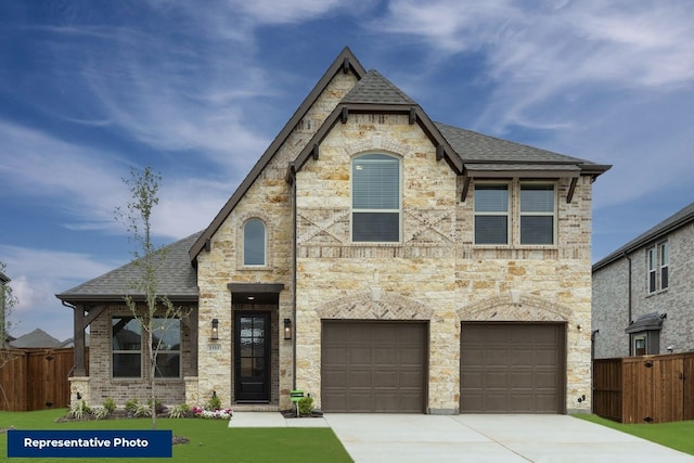 french country home with concrete driveway, fence, a garage, and stone siding