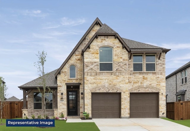 french country style house with stone siding, a garage, fence, concrete driveway, and a shingled roof
