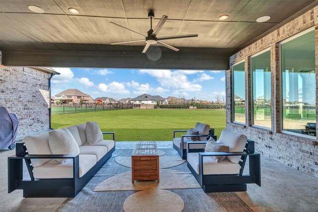 4909 Cheshire Ln, Parker, TX 75002 - view of patio featuring an outdoor living space, grilling area, fence, and a ceiling fan