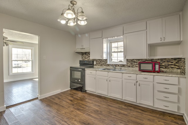 kitchen featuring backsplash, black electric range oven, dark wood finished floors, a sink, and under cabinet range hood