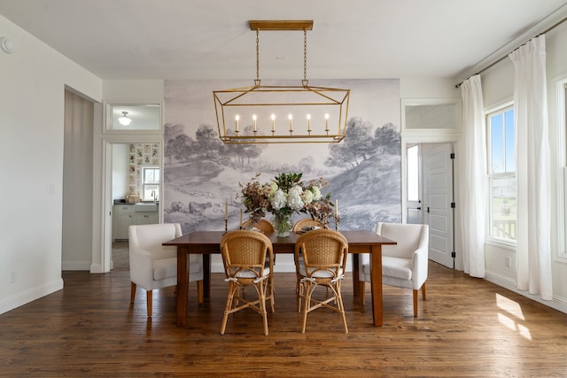 dining room featuring a wealth of natural light, a chandelier, wood finished floors, and baseboards