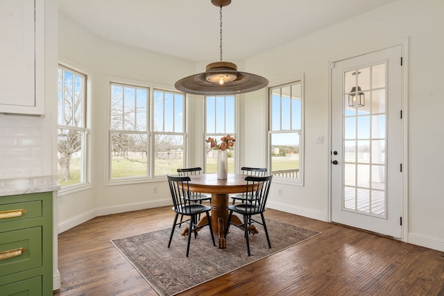 dining room featuring baseboards, dark wood-type flooring, and a healthy amount of sunlight