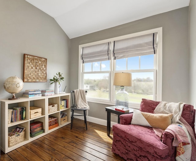 living area with baseboards, lofted ceiling, and dark wood-style floors