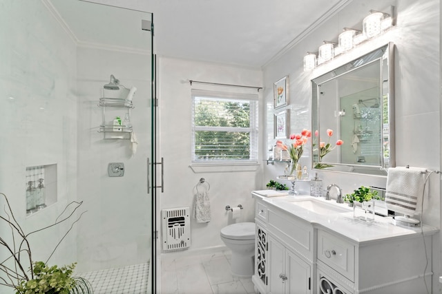 bathroom featuring heating unit, crown molding, toilet, and a shower stall