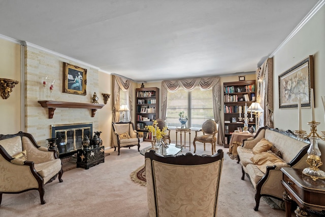 carpeted living room with ornamental molding and a brick fireplace