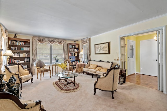 carpeted living area with crown molding
