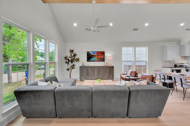 538 Proctor Ave, Waco, TX 76708 - living area with plenty of natural light, a ceiling fan, light wood-style floors, recessed lighting, and high vaulted ceiling