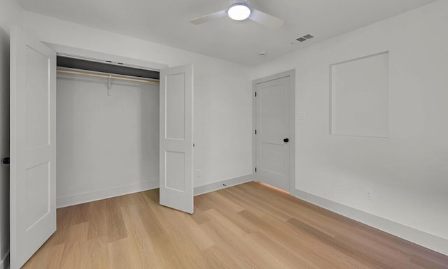 538 Proctor Ave, Waco, TX 76708 - unfurnished bedroom featuring light wood finished floors, a closet, baseboards, and ceiling fan