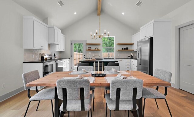 538 Proctor Ave, Waco, TX 76708 - dining space featuring a chandelier, beam ceiling, high vaulted ceiling, light wood-type flooring, and recessed lighting