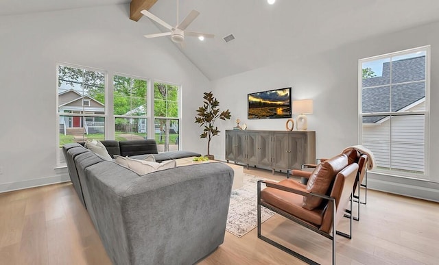 538 Proctor Ave, Waco, TX 76708 - living area with high vaulted ceiling, beam ceiling, light wood-style flooring, a ceiling fan, and recessed lighting