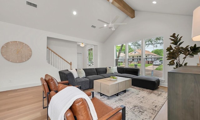 538 Proctor Ave, Waco, TX 76708 - living area featuring light wood-style floors, beamed ceiling, stairs, high vaulted ceiling, and recessed lighting
