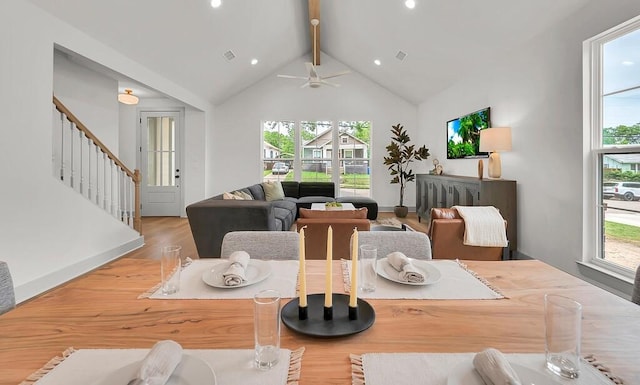 538 Proctor Ave, Waco, TX 76708 - dining space featuring beam ceiling, plenty of natural light, wood finished floors, stairway, and a ceiling fan