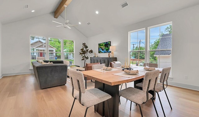 538 Proctor Ave, Waco, TX 76708 - dining area with beam ceiling, light wood-style flooring, plenty of natural light, high vaulted ceiling, and ceiling fan
