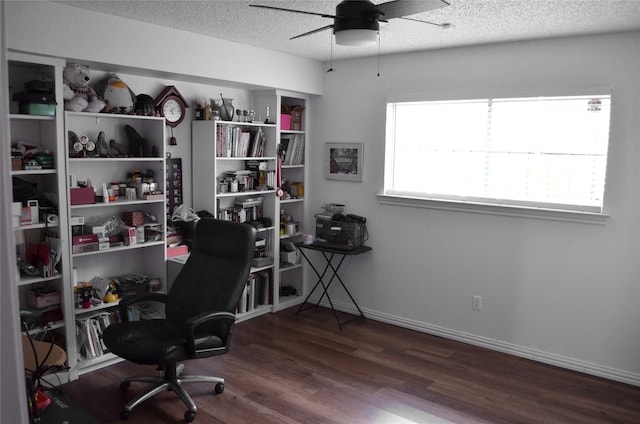 1034 Holland Dr, Garland, TX 75040 - office with baseboards, a textured ceiling, wood finished floors, and a ceiling fan