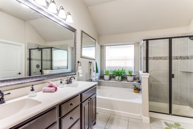 5928 Dunnlevy Dr, Fort Worth, TX 76179 - bathroom featuring a sink, tile patterned floors, and vaulted ceiling