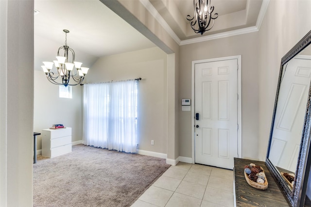 5928 Dunnlevy Dr, Fort Worth, TX 76179 - foyer entrance with baseboards, an inviting chandelier, light tile patterned flooring, light colored carpet, and lofted ceiling