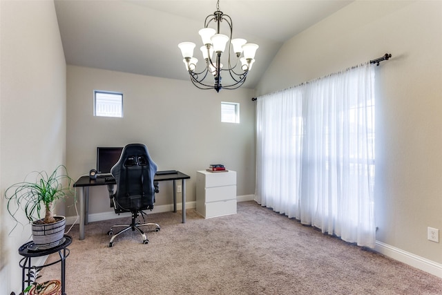 5928 Dunnlevy Dr, Fort Worth, TX 76179 - office space with baseboards, vaulted ceiling, an inviting chandelier, and carpet floors