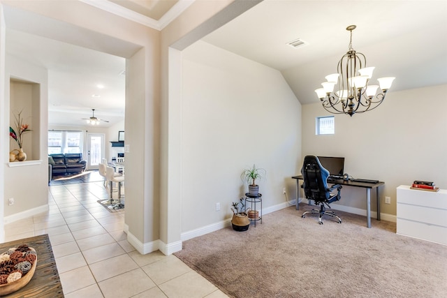 5928 Dunnlevy Dr, Fort Worth, TX 76179 - office area with ceiling fan with notable chandelier, light tile patterned floors, ornamental molding, visible vents, and baseboards