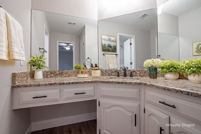 1206 Mayapple Dr, Garland, TX 75043 - bathroom with a ceiling fan, vanity, and visible vents
