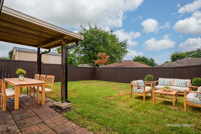 1206 Mayapple Dr, Garland, TX 75043 - view of yard with outdoor lounge area, a fenced backyard, and a patio