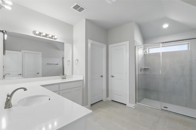 116 Mesa Dr, Glen Rose, TX 76043 - full bathroom with a stall shower, double vanity, tile patterned flooring, and recessed lighting