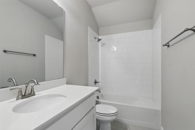 116 Mesa Dr, Glen Rose, TX 76043 - bathroom with toilet, vanity, shower / bathtub combination, vaulted ceiling, and tile patterned flooring