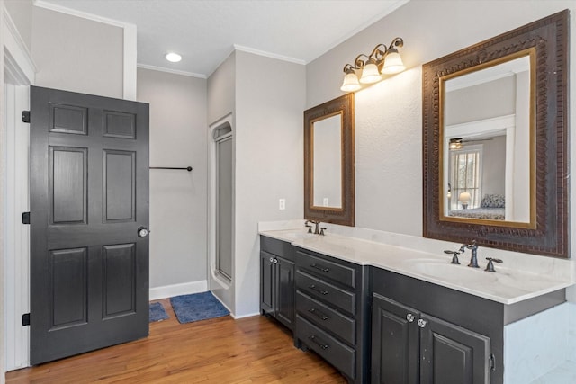 bathroom featuring a sink, a shower with door, wood finished floors, ornamental molding, and double vanity