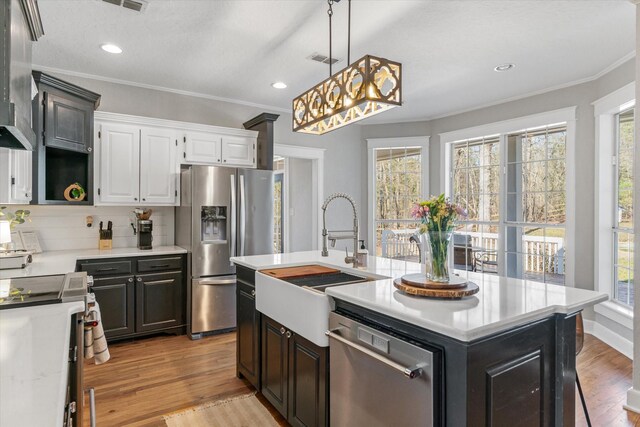 kitchen featuring crown molding, a sink, light wood finished floors, visible vents, and appliances with stainless steel finishes