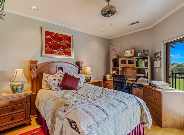 bedroom with access to exterior, visible vents, crown molding, and light wood-type flooring