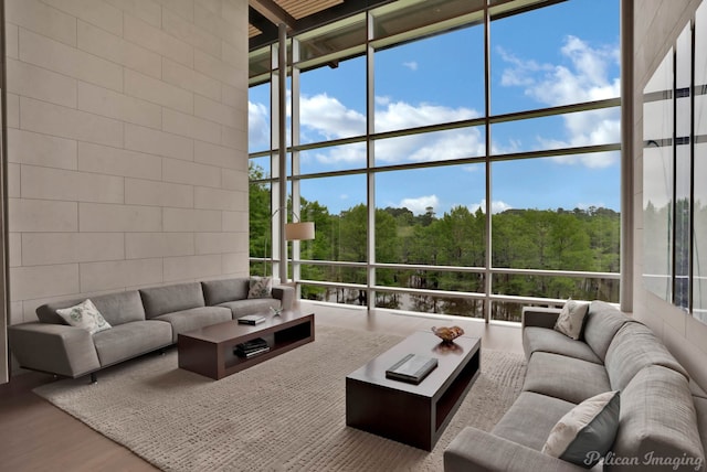 613 Moore Rd, Elm Grove, LA 71051 - living area with wood finished floors, a wooded view, and expansive windows